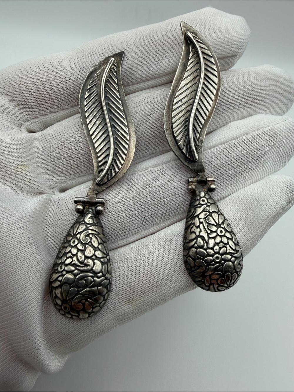 Vintage Sterling Silver 925 Leaf Dangle Floral Teardrop Statement Earrings